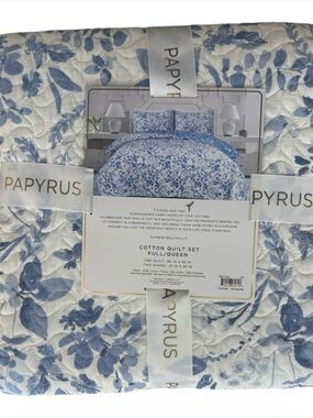 Papyrus Blue and White Cotton Full/Queen Floral Quilt 90”x90”